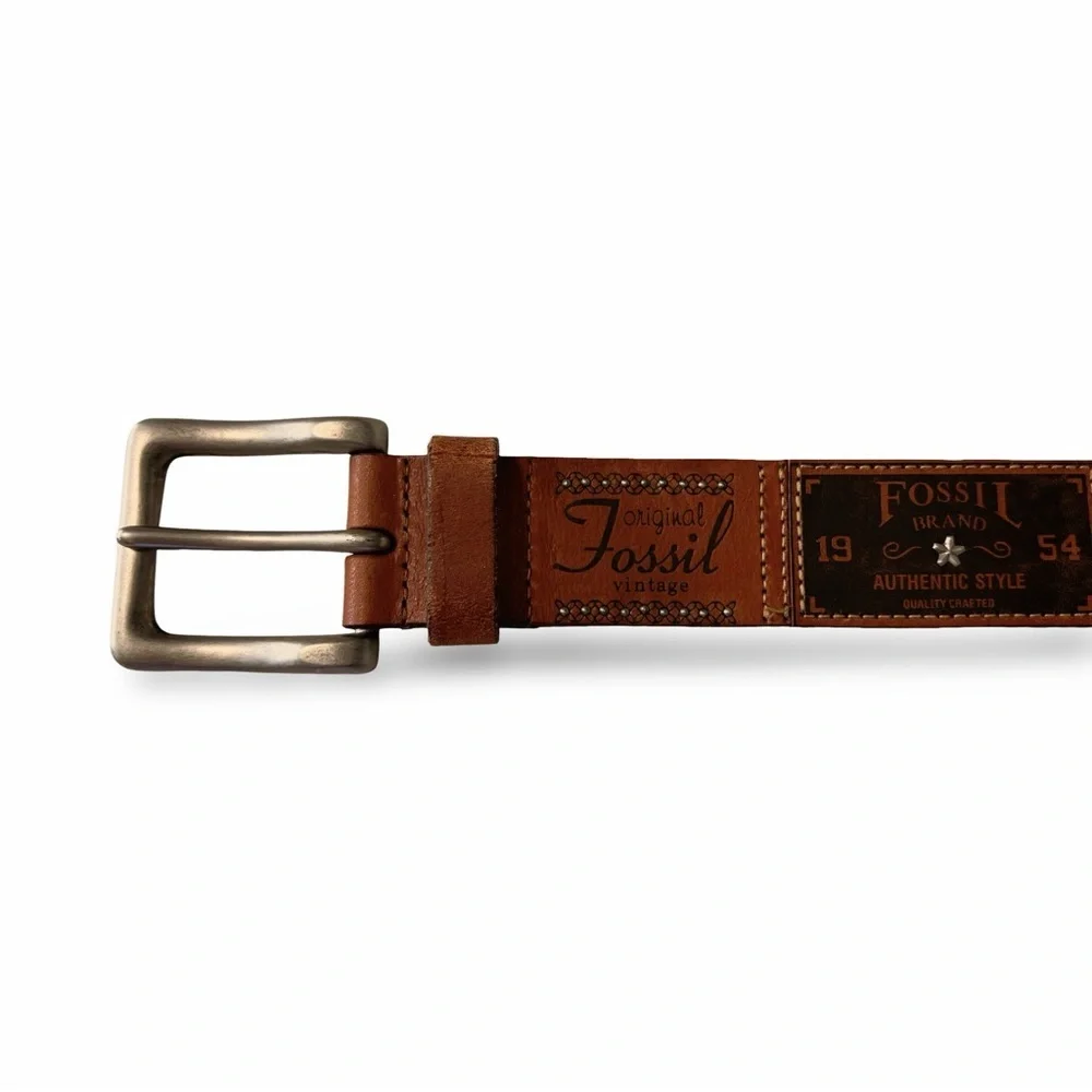 Rare Y2K VTG Fossil 54 Logo Patchwork Leather Belt | Size Medium M - Picture 11 of 14